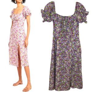 O.P.T - Women's Floral Midi Dress, 'Go on A Date' Puff Sleeve - Purple, Small